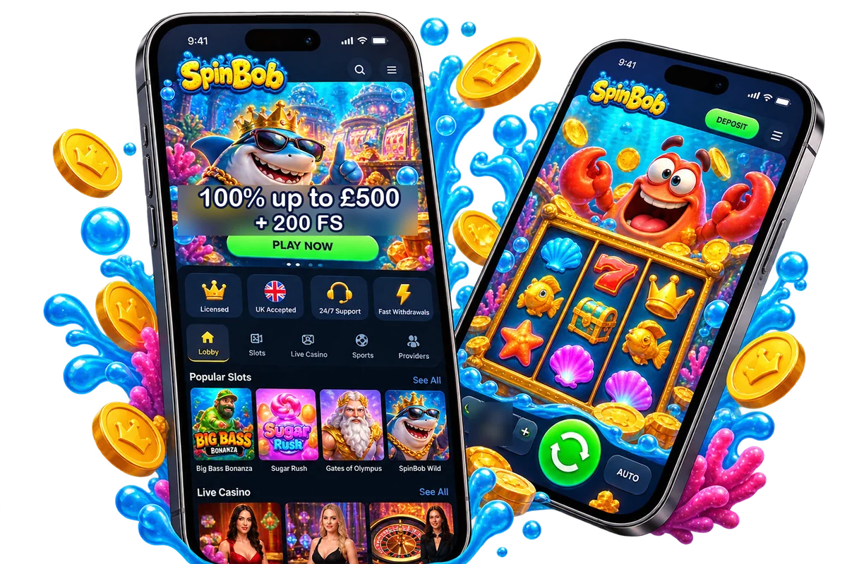 Spinbob mobile casino lobby and slot on two phones